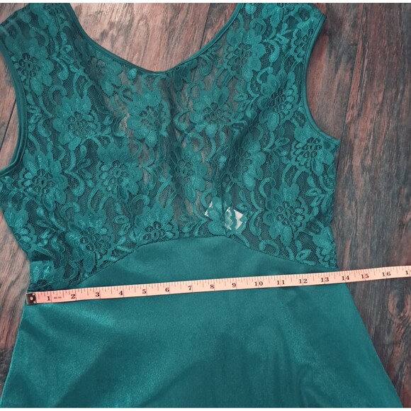 VTG Adonna Nightgown Slip Dress Med Green Sheer Lace Bodice Crisscross Coquette - Picture 12 of 14